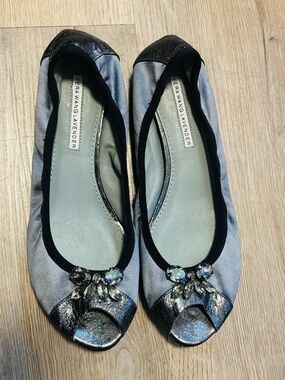Vera Wang Silver Satin Peep-Toe Flats with Crystal Accents